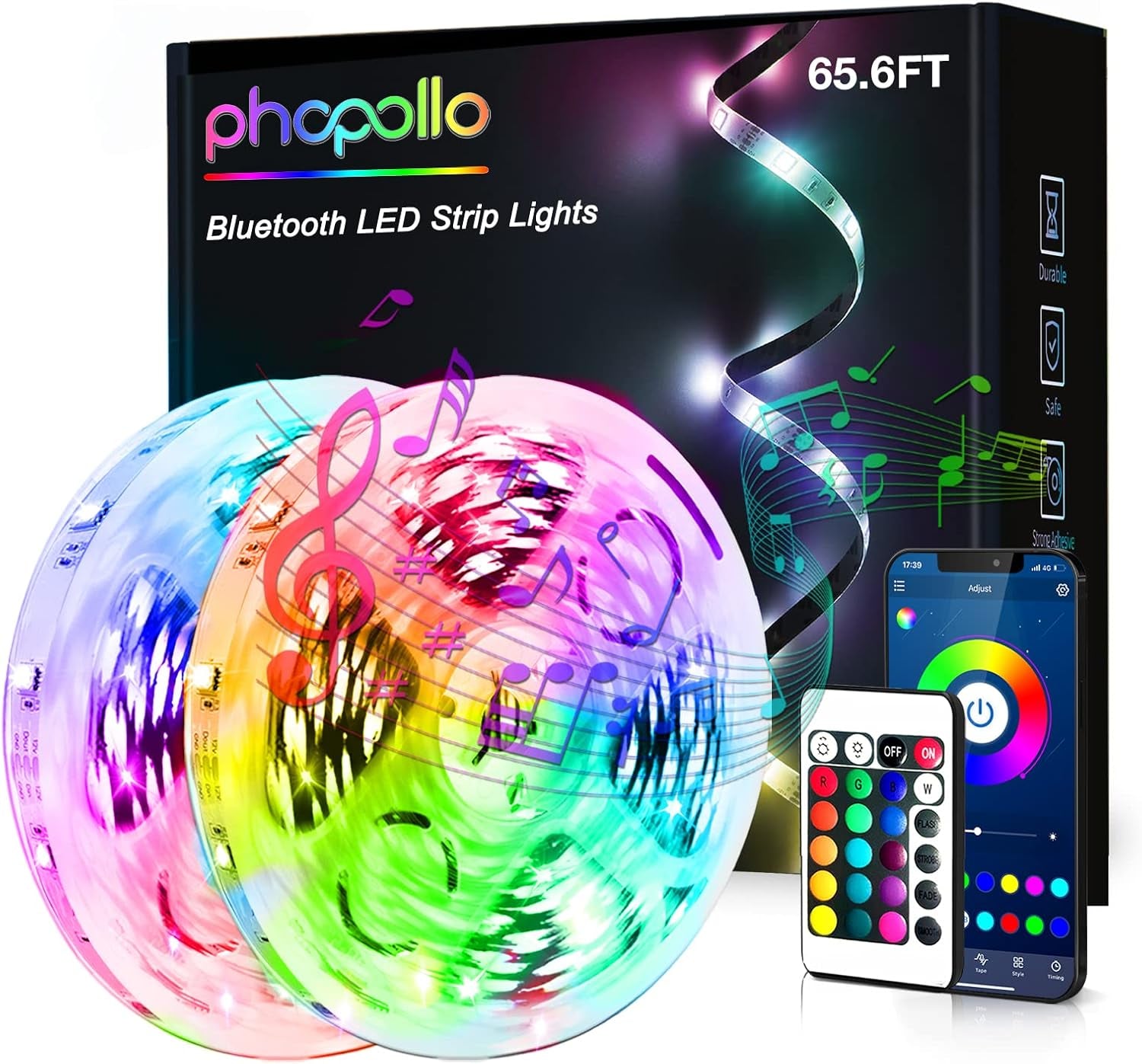 Led Strip Lights，65.6Ft Led Light Strips with Remote & App,Music Sync Mode with Mic, Smart Flexible12V Led Lights for Bedroom Ceiling, Party,Stairs（2 Rolls of 32.8Ft）