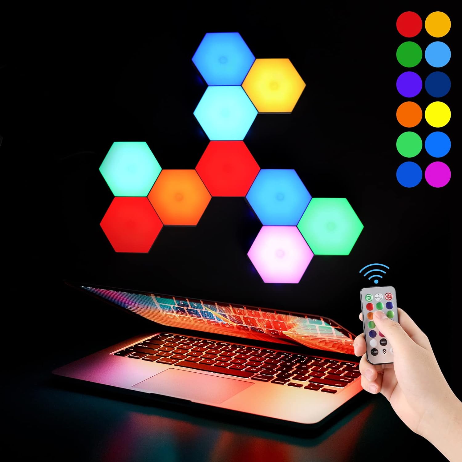 Hexagon Lights, Smart LED Wall Lights with Remote, 13 Colors Touch-Sensitive DIY Modular Assembled RGB Wall Panels, Hex Light with USB-Power for Autism, Game Room Decor, Party (12 Pack)