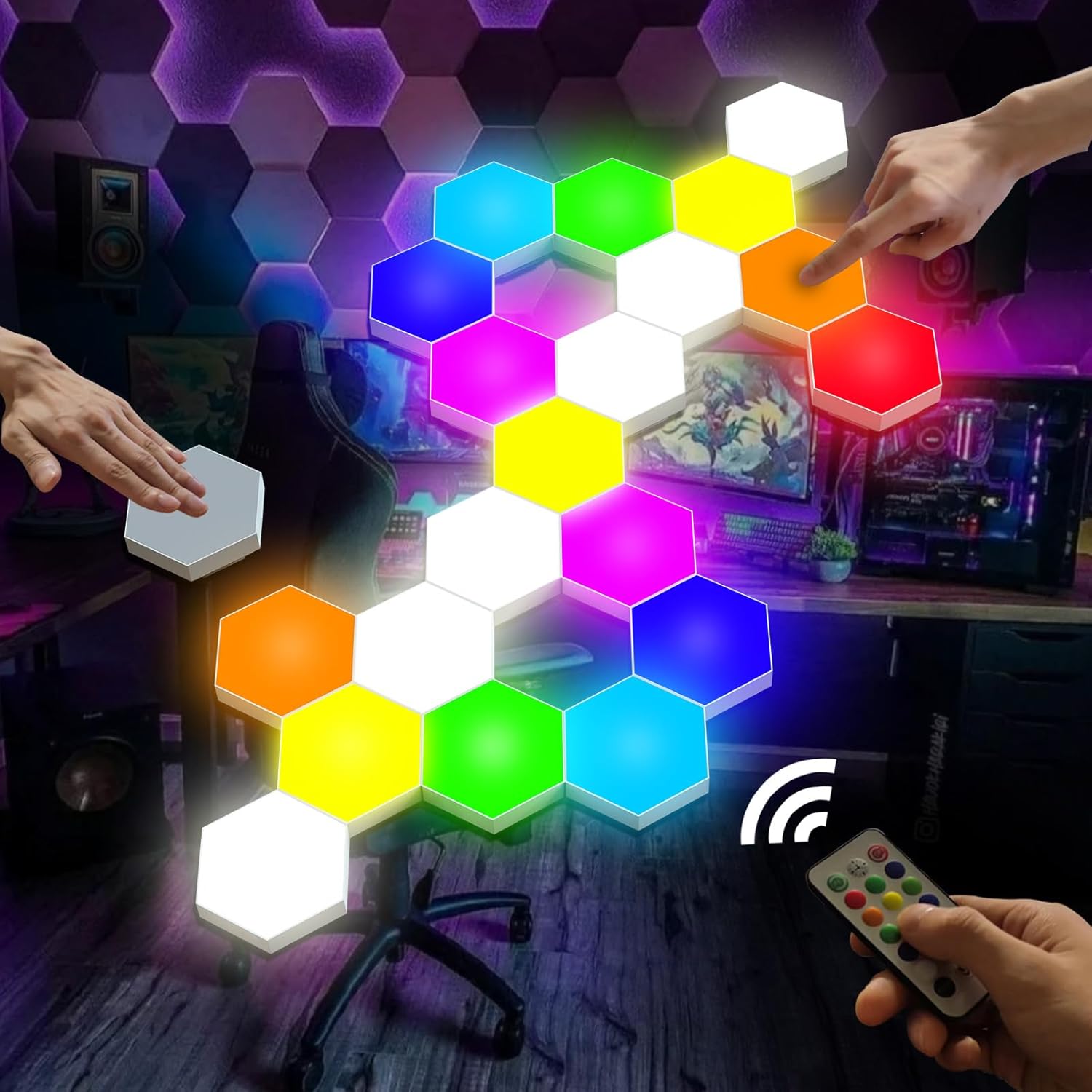 Hexagon Lights, Smart LED Wall Lights with Remote, 13 Colors Touch-Sensitive DIY Modular Assembled RGB Wall Panels, Hex Light with USB-Power for Autism, Game Room Decor, Party (12 Pack)